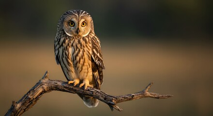 Obraz premium Owl on the Branch: An owl perches serenely on a weathered branch, its piercing gaze and intricate feather patterns highlighted against a blurred natural background.
