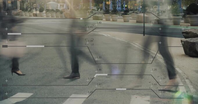 Pedestrians stepping onto crosswalk initiating data overlay across moving legs for tech analysis