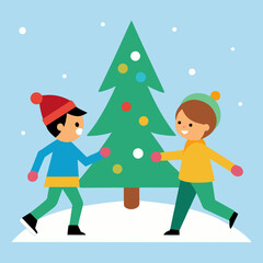 Fototapeta premium Children decorating a christmas tree in the snow