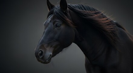 Majestic Black Horse: A striking, close-up portrait of a powerful black horse, its dark coat gleaming in the soft light, showcasing its elegant head, flowing mane, and intense gaze.