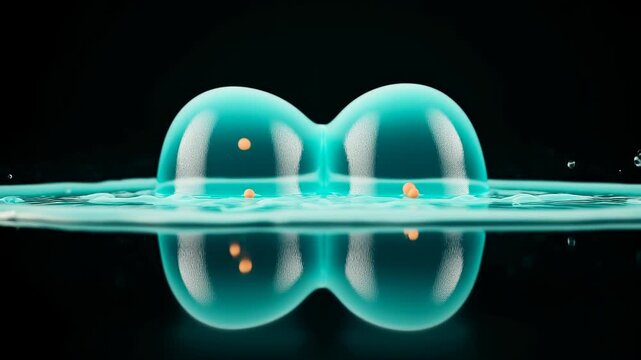 Splash of two symmetric drops of turquoise liquid in empty dark space