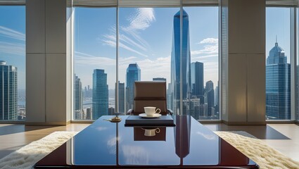 Plakat A luxurious office interior with a large desk and city view through the expansive windows behind it