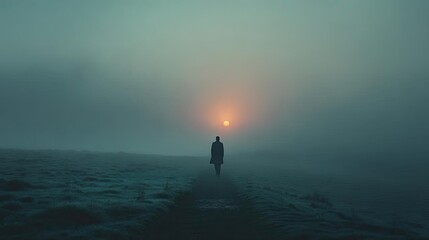 No recharge for sluggish person concept. A lone figure walks through a foggy landscape at sunrise.