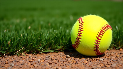 Yellow softball on baseball field dirt and grass sport