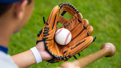 Baseball player with glove and bat facing away image