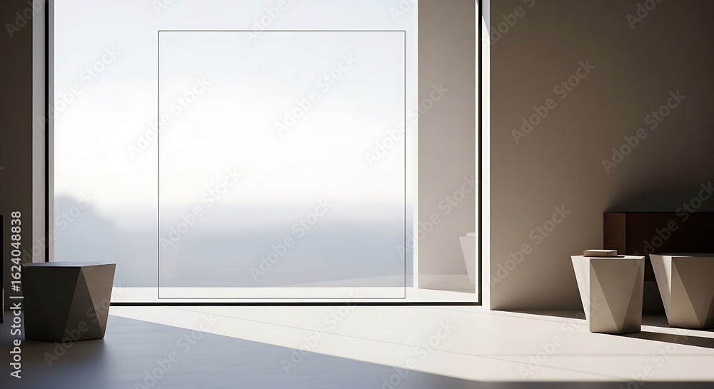 Aufkleber minimalist interior design with geometric stools and a large window overlooking a view