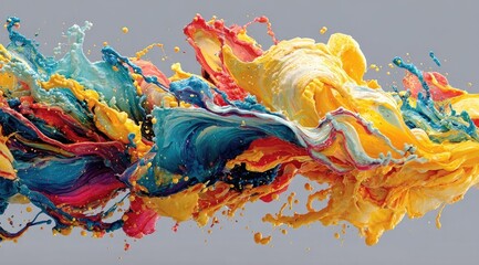 Vibrant, swirling, multi-colored paint splashes against a neutral background