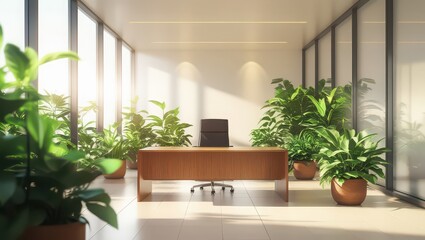 Bright office space with desk chair and potted plants near windows and a light colored floor