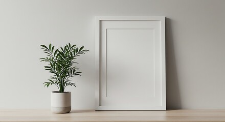Minimalist interior scene:  a potted plant beside a large, empty white frame.