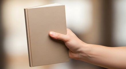 Person holding blank cover book in hand presents possibility for novel ideas and content creation
