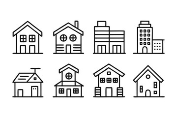 A set of eight simple line art icons depicting various types of houses and buildings, including cottages and modern apartments, all isolated on a white background for easy use in design