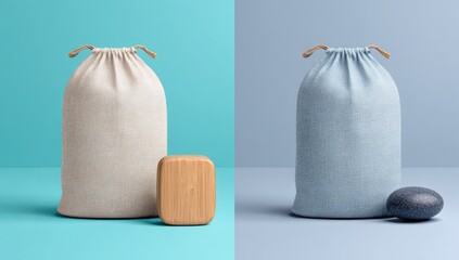 Two linen drawstring bags, light beige and light blue, on teal and gray backgrounds, with a wooden block