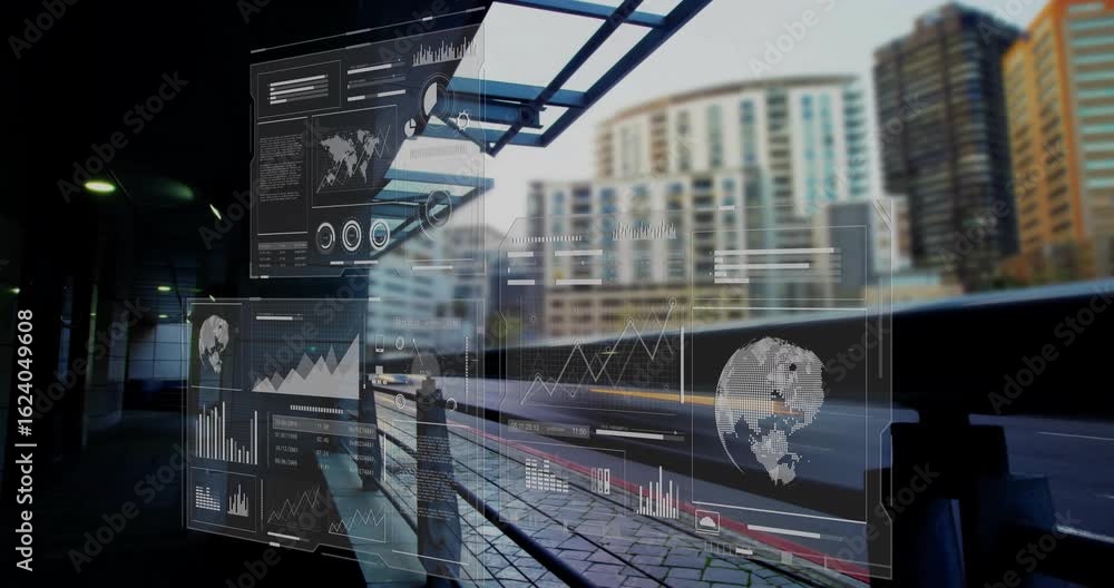 Poster faint holographic panels appearing at platform edge, shuffling and visualizing transit analytics