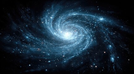 A swirling spiral galaxy in shades of blue, set against a dark, starry background