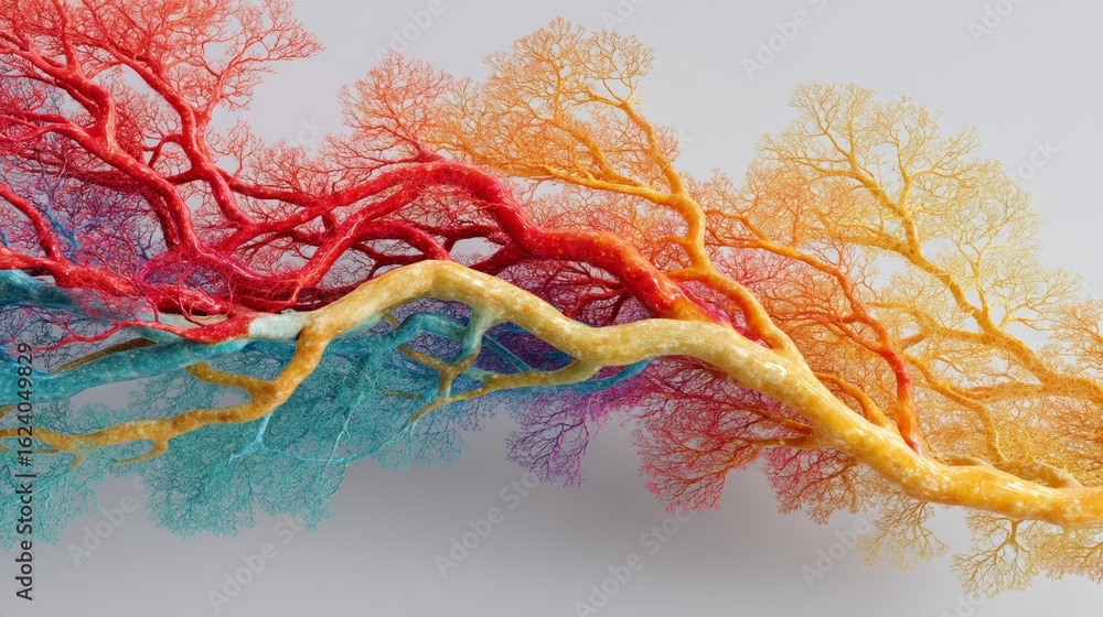 Poster colorful abstract tree branch structure with vibrant red and yellow twisted design