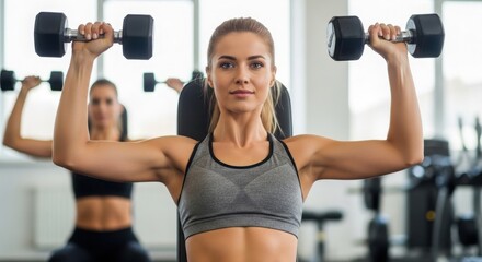 Woman lifting dumbbells during a fitness workout in a gym