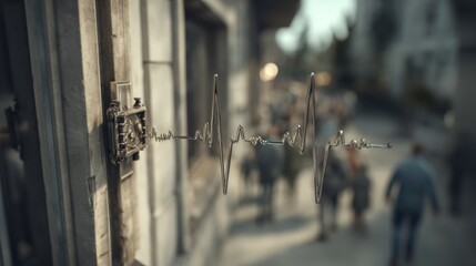 Abstract Sound Wave Visualization with Busy Street Scene in the Background