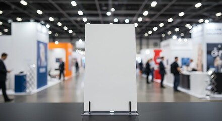 Blank tabletop sign at a busy trade show, showcasing various exhibitors and attendees.