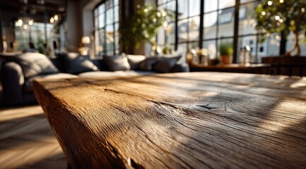 Sunlit rustic wooden coffee table in a modern living room