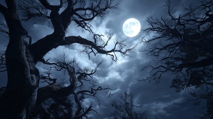 Dark Silhouette of a Twisted Tree Against a Full Moon and Cloudy Night Sky
