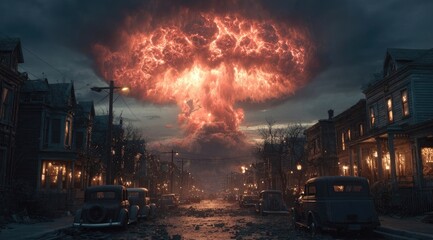 Atomic bomb mushroom cloud over residential street