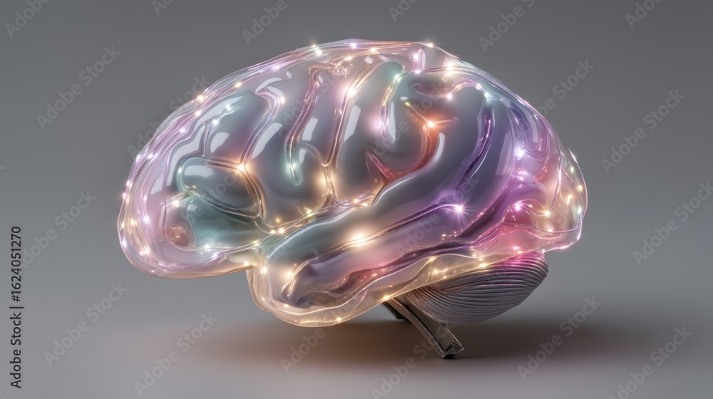 Poster glowing brain model with soft pastel colors and luminescent effects for creative concepts