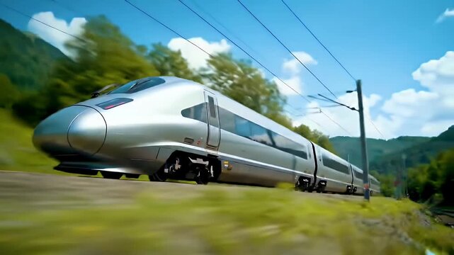 Silver Bullet Train Speeds Through Green Landscape Under Blue Sky on Bright Day