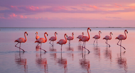 Magnificent flamboyance of pink flamingos wades in tranquil water during sunset