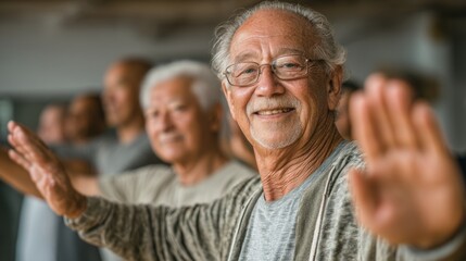 Group of smiling seniors participating in a joyful wellness activity indoors