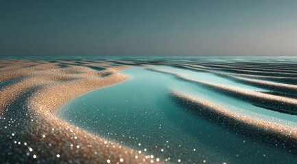 Sparkling sand and teal water meet under a dusky sky