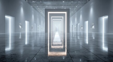 White corridor with glowing doorways, reflective floor