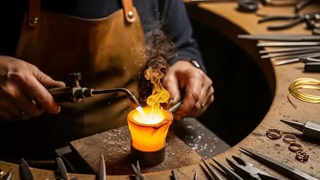 Goldsmith melting metal in a crucible