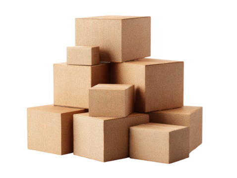 Stacked cardboard boxes of various sizes