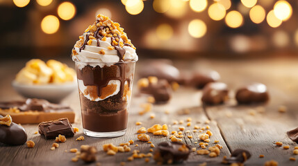 A decadent sundae layered with ice cream, whipped cream, hot fudge, and crunchy toppings in a tall glass, celebrating the classic American dessert experience.