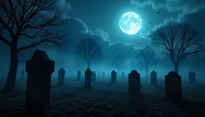 Eerie graveyard scene under a bright full moon with spooky fog and bats flying overhead in the night