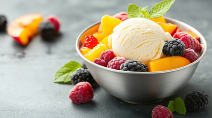 A fruity sorbet in a chilled glass bowl, surrounded by fresh berries and citrus slices, bursting with vibrant colors that highlight its refreshing and natural flavor.