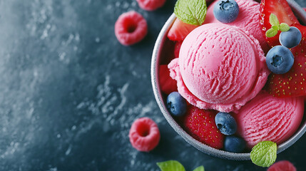 A fruity sorbet in a chilled glass bowl, surrounded by fresh berries and citrus slices, bursting with vibrant colors that highlight its refreshing and natural flavor.