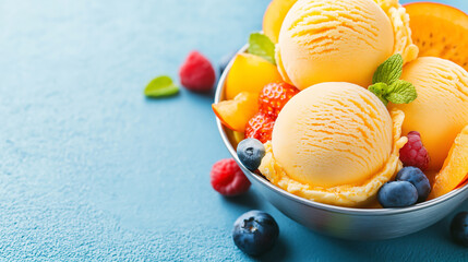 A fruity sorbet in a chilled glass bowl, surrounded by fresh berries and citrus slices, bursting with vibrant colors that highlight its refreshing and natural flavor.