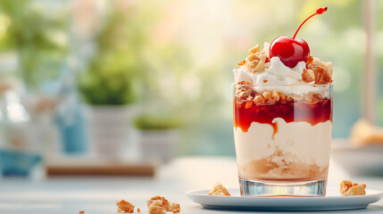 A gleaming cherry crowns a decadent sundae layered with ice cream, whipped cream, and syrup, glowing under soft light and adding a vibrant pop of color to the indulgent treat.