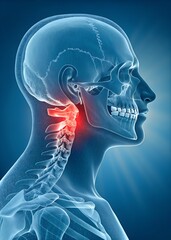 A human head, neck, and upper torso in a blue, monochromatic X-ray or transparent style. The skeletal structure is clearly visible, with the skull, spine, and parts of the shoulders rendered.