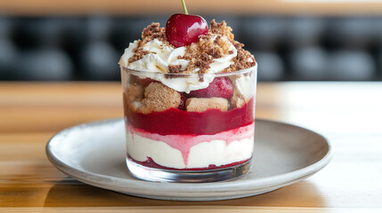 A gleaming cherry crowns a decadent sundae layered with ice cream, whipped cream, and syrup, glowing under soft light and adding a vibrant pop of color to the indulgent treat.