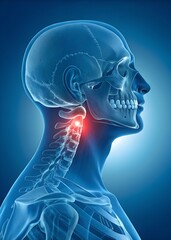 A side view of a human head, neck, and upper torso. The figure is rendered in a blue, semi-transparent style, as if seen in an X-ray or CT scan. The skeletal structure is clearly visible.