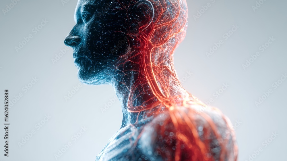 Poster futuristic human anatomy display with glowing vascular system and neural pathways