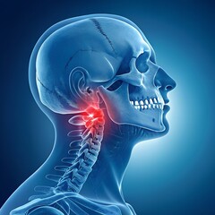 A side-view X-ray or transparent anatomical rendering of a human head and neck. The image displays the skull, cervical spine (neck vertebrae), and jaw structure in translucent blue tones.