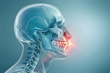 A human head and neck, revealing the skeletal structure underneath. The image highlights the skull, jaw, teeth, and cervical spine (neck vertebrae) in a translucent blue tone. There's a notable red.