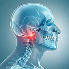 A human head and neck, showing a transparent view of the skull, spine, and jaw. A highlighted red area near the jaw joint indicates inflammation or pain, likely representing a condition.