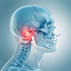 A human head, neck, and upper torso, rendered in a translucent, blue-toned X-ray style. The skeletal structures, including the skull and spine, are clearly visible. A specific area in the cervical.