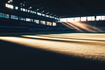 empty soccer stadium at dusk with floodlights casting long shadows, evoking anticipation for the big game.