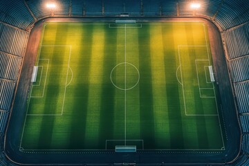 empty soccer stadium at dusk with floodlights casting long shadows, evoking anticipation for the big game.