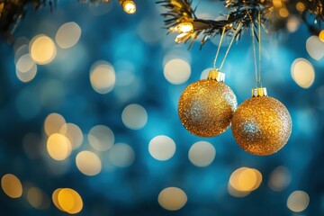 festive golden holiday decoration on a blurred blue background creating an abstract celebratory atmosphere